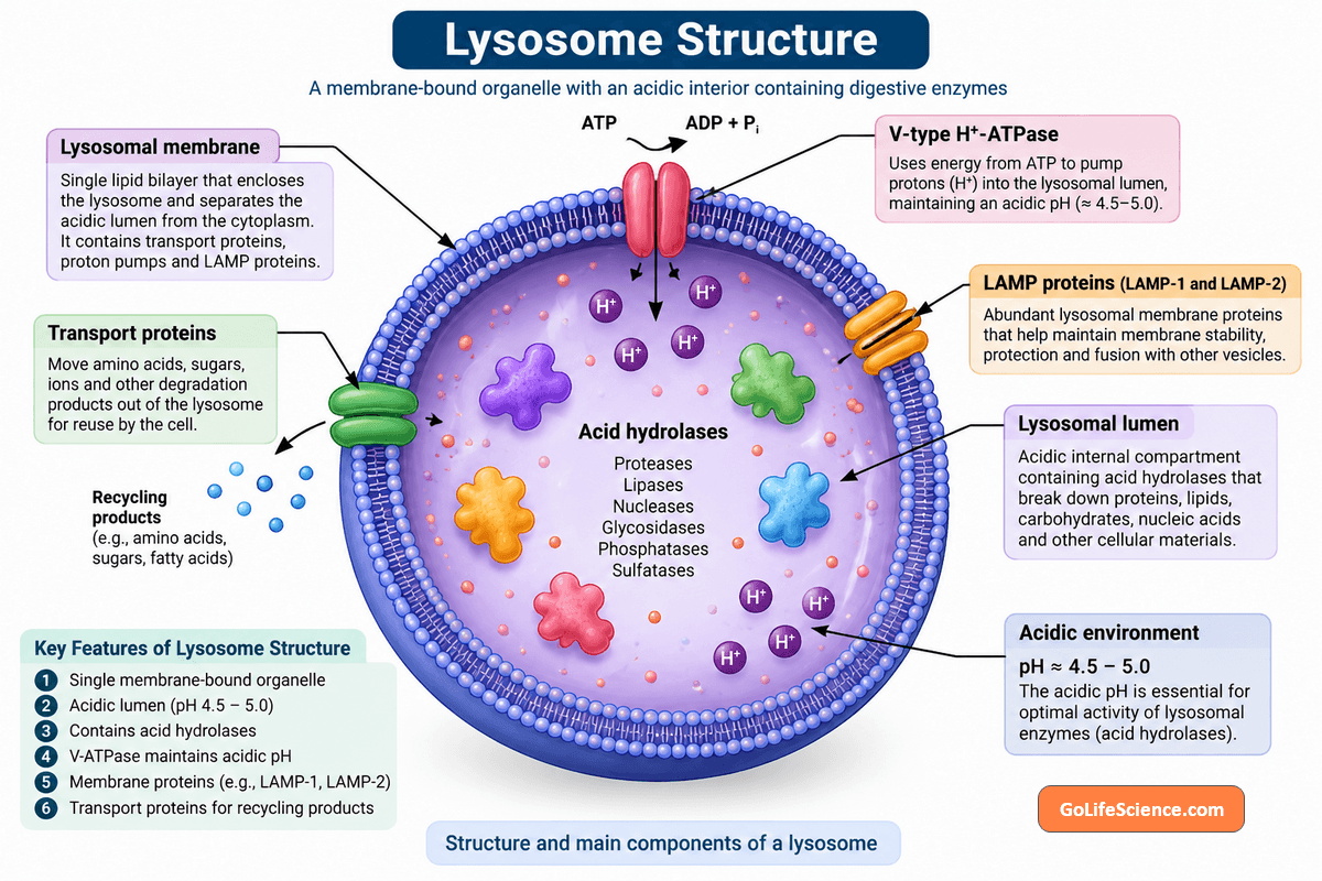 Lysosome structure diagram showing acid hydrolases and V-ATPase