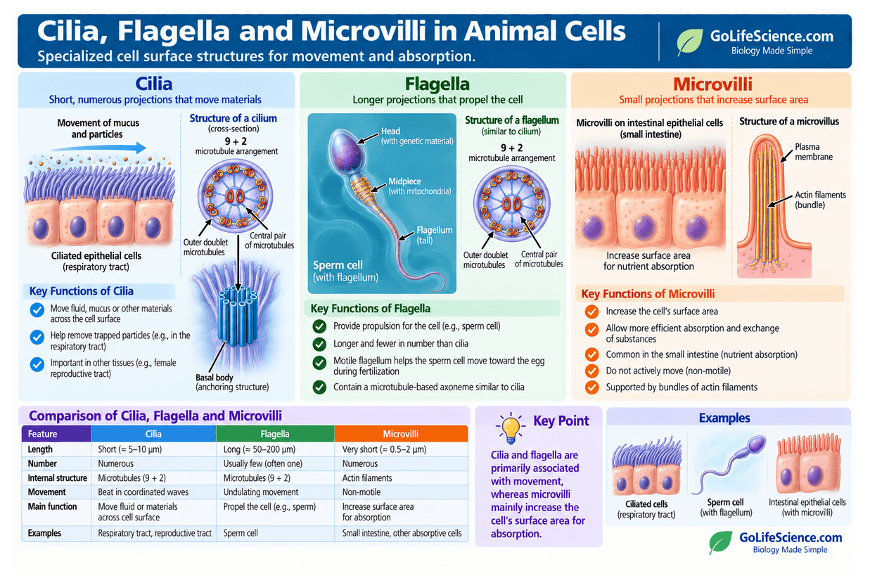Animal Cell: Definition, Structure, Parts, Functions, Labeled Diagram cilia, flagella and microvilli in animal cells